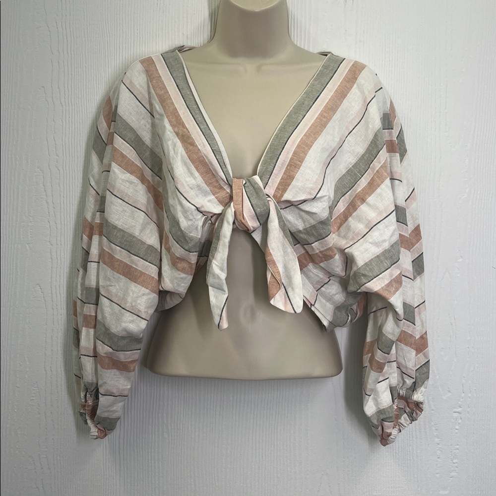 Zara - Striped Colorful Linen Blend Long Sleeve Crop Tie Blouse Size Medium - Picture 2 of 8
